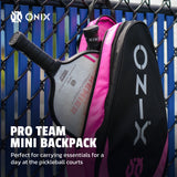 Onix Pro Team Mini Backpack with pickleball paddle against a blue fence background