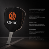 Black Onix pickleball paddle cover with an orange logo and white Onix branding, shown fitted on a paddle against a dark studio background with product feature text on the right.