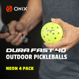 Person holding a neon yellow pickleball with Onix branding and text about Dura Fast 40 outdoor pickleballs.