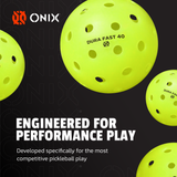 Yellow pickleball with 'Onix' branding and text on a black background