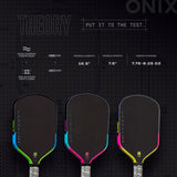 Three ONIX paddle playsets displayed side by side against a dark technical-style background with text showing raw carbon fiber face, 16.5-inch paddle length, 7.
