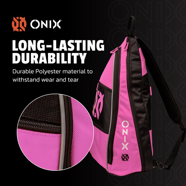 Pink and black backpack with 'Onix' branding, highlighting durability with text and close-up of material. pickleball sling backpack pickleball sling backpacks