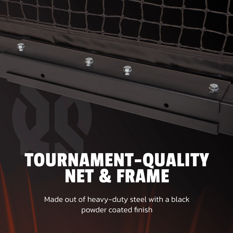 tournament quality net and frame. made out of heavy duty steel with black powder coated finish