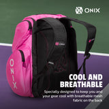 Pink and black backpack with breathable mesh on a sports court background, featuring the Onix brand.