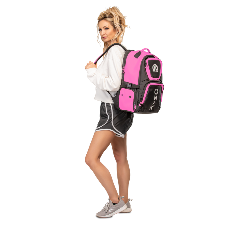 ONIX Pink Pro Team Backpack Pickleball Bag on girls back
