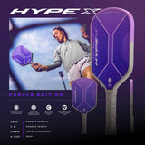 Purple pickleball paddle with player and product details on a dark background