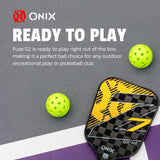 Onix pickleball paddle with two balls on a gray background