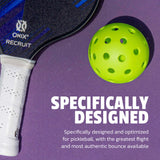 Onix pickleball paddle and ball on a purple background with text about design and optimization.