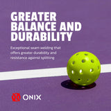 Green pickleball on a purple court with 'Greater Balance and Durability' text and Onix logo.