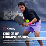 Man playing pickleball with Onix equipment on a court, featuring the Onix logo.