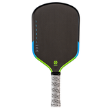 A pickleball paddle with a dark gray/black paddle face, blue and lime green accents, and a textured silver and black grip, shown against a solid white background.