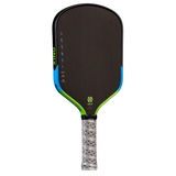 A pickleball paddle with a dark brown/black textured face, blue and green accents, and a silver wrapped handle, shown against a solid white background.