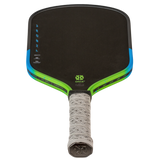 An Onix pickleball paddle with a black paddle face, blue and neon green trim, and a textured gray grip, shown on a solid white background.