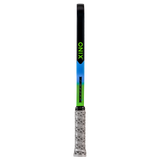 A pickleball paddle shown vertically against a solid white background. The paddle features a black top section with a vibrant green 'XINIX' logo, a blue-to-green gradient middle section, and a textured silver handle grip.